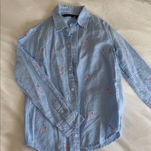 Janie and Jack Light Blue Linen Shirt with Flamingo Embroidery